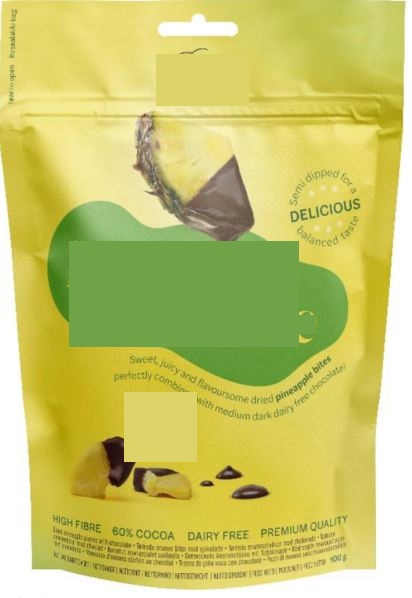 Konfekt, enligt uppgift bestående av chokladdoppade bitar av torkad ananas. Föreligger i detaljhandelsförpackning om 100 g.
Produkten innehåller skalad torkad ananas, socker, citronsyra, natrium metabissulfit, organisk kakao, organiskt socker och organiskt kakaosmör.