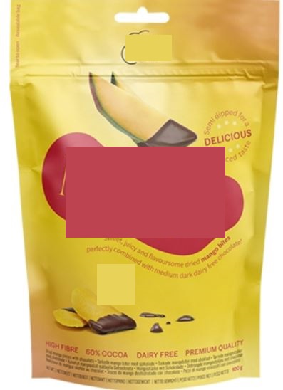 Konfekt, enligt uppgift bestående av chokladdoppade bitar av torkad mango med en längd av 5 cm. Föreligger i detaljhandelsförpackning om 100 g.
Produkten innehåller skalade torkade mangobitar, socker, citronsyra, natrium metabissulfit, organisk kakao, organiskt socker och organiskt kakaosmör.