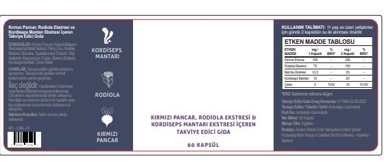 Livsmedelsberedning enligt uppgift i pulverform föreliggande i kapsel. Förpackade i detaljhandelsförpackning/kartong om 60 stycken kapslar.
Produkten är avsedd att användas som kosttillskott (näringstillskott).
Produkten innehåller rödbetspulver, värmebehandlat rismjöl, extrakt av rosenrot, färgämne, magnesiumstearat, bambuextrakt, cordyceps extrakt av sinensis och zinkoxid. Kapselskalet är tillverkat av hydroxipropylmetylcellulosa (HPMC).