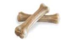 Tuggprodukt enligt uppgift för hund i form av tuggben. Produkten är tillverkad av torkad och pressad råhud från nötkreatur med en längd av 12,5 cm och vikt av 60 g.