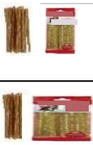 Hundfoder enligt uppgift i form av tuggpinnar (12,5 cm) i detaljhandelsförpackning om 300 g och 900 g. Tuggpinnarna innehåller hud och rismjöl.