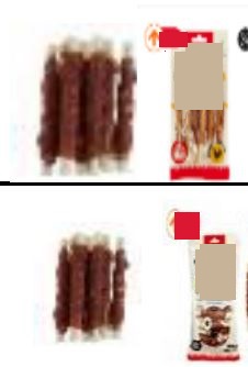 Hundfoder enligt uppgift i form av tuggpinnar (12 cm) i detaljhandelsförpackning om 72 g och 360 g. Tuggpinnarna innehåller råhud, kött från anka, protein, glycerin och salt.
