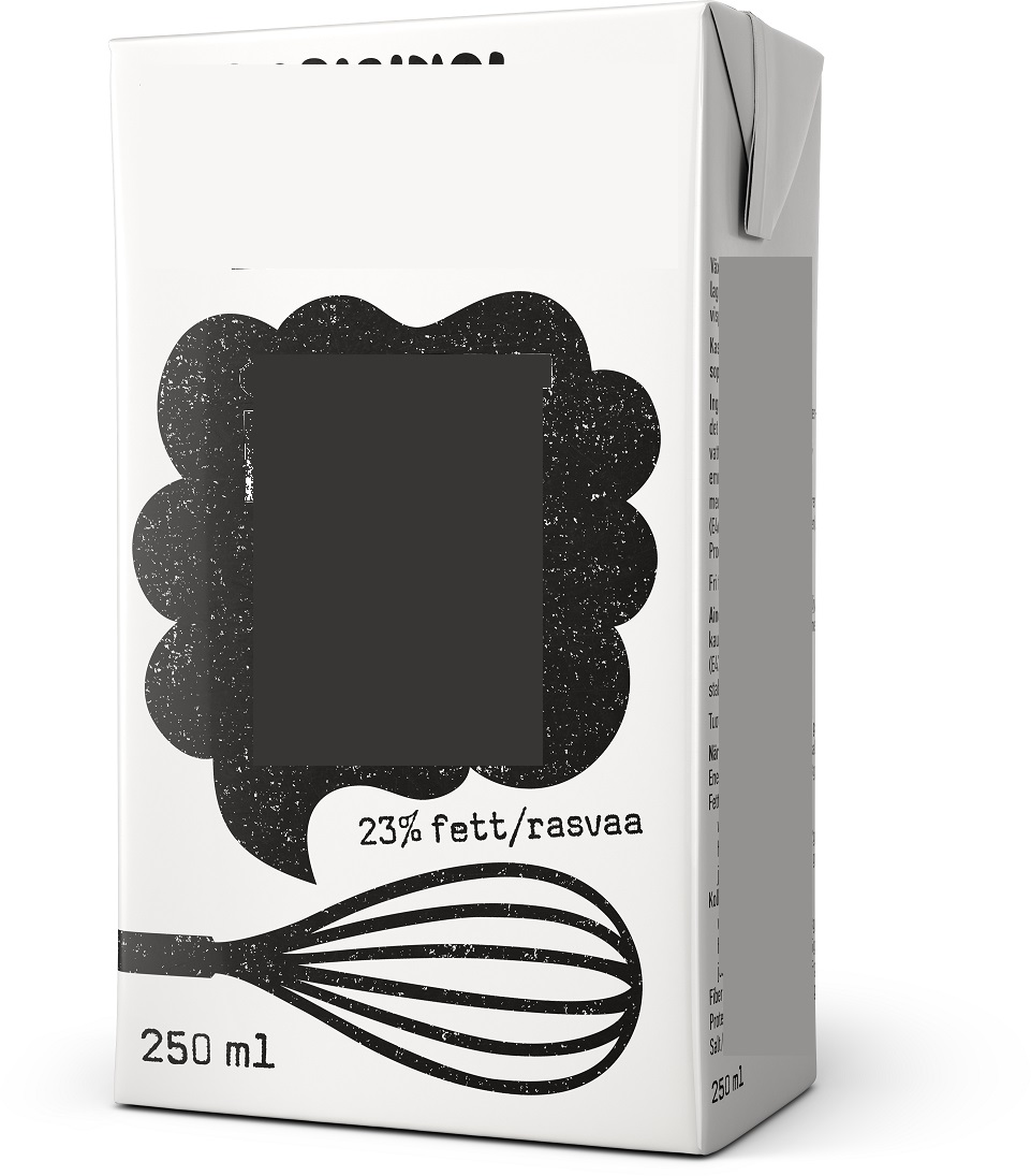 Livsmedelsberedning (mjölk- och laktosfri) enligt uppgift avsedd att ersätta vispgrädde föreliggande i detaljhandelsförpackning om 250 ml. Produkten innehåller vatten, fullhärdad vegetabilisk olja (kokos, raps), havrebas (vatten, havre), maltodextrin, emulgeringsmedel (E472e, E435), salt, surhetsregelande medel (E464, E418) och färgämne (betakaroten).