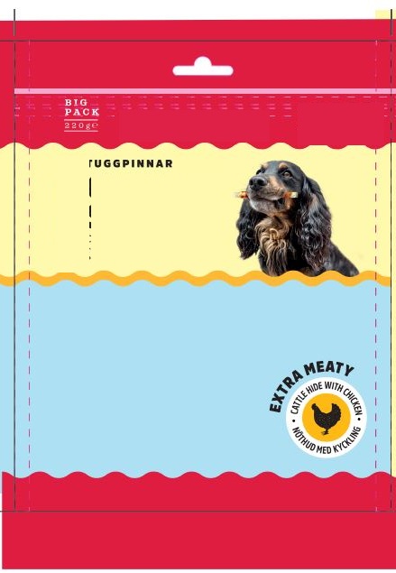 Hundfoder enligt uppgift i form av tuggpinnar i detaljhandelsförpackning om 25 stycken. Tuggpinnarna innehåller råhud, kött från kyckling, potatisstärkelse, glycerin och kaliumsorbat.