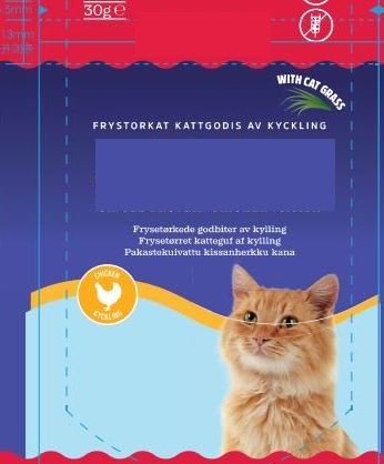 Kattfoder enligt uppgift i form av frystorkade bitar i detaljhandelsförpackning om 30 g.
Fodret innehåller kyckling, korngräs, alfalfa, grodbladsfrö, fiskolja, FOS och tranbär.