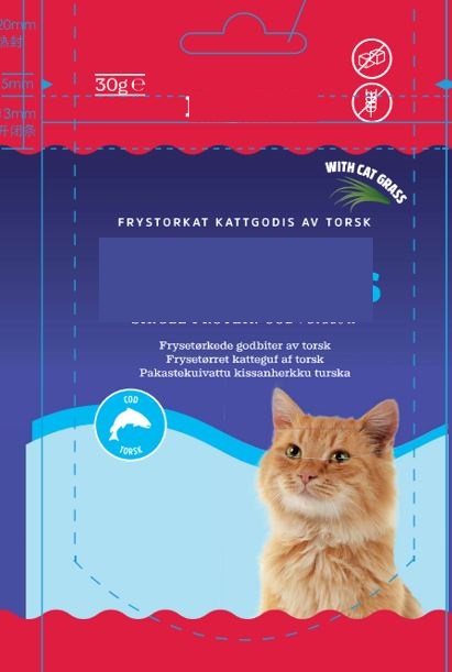 Kattfoder enligt uppgift i form av frystorkade bitar i detaljhandelsförpackning om 30 g.
Fodret innehåller torsk, korngräs, alfalfa, grodbladsfrö, fiskolja, FOS och tranbär.