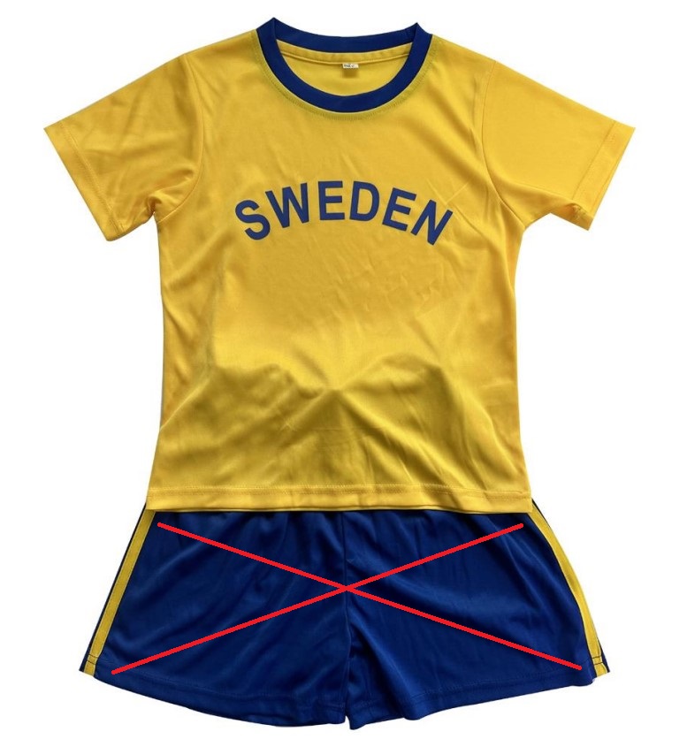 Klädesplagg för överdelen av kroppen i form av en tvåfärgad t-tröja (t-shirt) med tryck framtill. T-tröjan har rund halsringning, korta ärmar, fållade ärmslut och fållad nederkant.
Plagget är konfektionerat genom sömnad av dukvara av trikå av polyester.
Förekommer enligt uppgift i storlekar för barn i intervallet 3/4 - 8/10 år. T-tröjan är en del av ett set och levereras tillsammans med ett par shorts (TV-2024-17954-B) på en galge. Båda plaggen är i storlekshänseende överensstämmande med varandra men klassificeras separat enligt anmärkning 14 till avdelning XI.