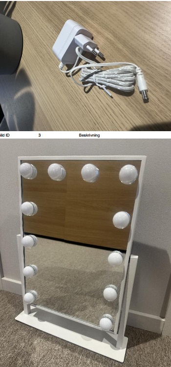 Inramad spegel med LED-belysning och vinklingsbart bordsstativ.
Spegeln är enligt uppgift tillverkad av glas och försedd med tolv dimbara LED- lampor. Ram och stativ är tillverkade av rostfritt stål.
Varan har enligt uppgift måtten 40 x 30 cm (H x B) och är förpackad tillsammans med nätadapter för försäljning i detaljhandeln.
Spegeln av glas ger varan dess karaktär.