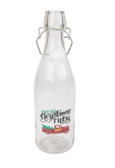 Ofärgad glasflaska med tättslutande bygelkork. Flaskan är försedd med motiv i form av en bil som transporterar en gran och texten "Fresh cut Christmas trees".
Flaskan har en rymd av 500 ml och ska användas för förvaring av t.ex. drycker.
Flaskan är enligt uppgift maskinellt framställd, tillverkad av soda-limeglas, har bygel av oädel metall, kork av polypropenplast och tätning av silikon.