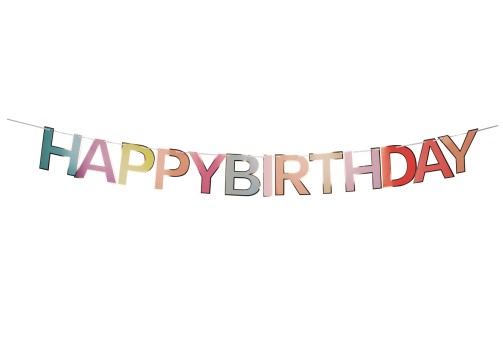 Set med tretton olikfärgade bokstäver av papp som tillsammans bildar orden "Happy birthday".
Varan används som festdekoration vid födelsedagar för dekorering av rum.
Bokstäverna har en höjd av ca 16 cm och levereras tillsammans med ett upphängningsband av textil med en längd av 3 m samt en bredd av ca 0,3 cm.
Varan är förpackad för försäljning i detaljhandeln.