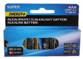 Alkaliskt cylindriskt batteri av typen LR03 (AAA) med en spänning på 1,5 V. Batteriet innehåller enligt uppgift elektrolytisk mangandioxid (katod), zink (anod) och alkalisk elektrolyt (kaliumhydroxid).

Varan levereras i förpackning för försäljning i detaljhandeln innehållande 10 batterier.