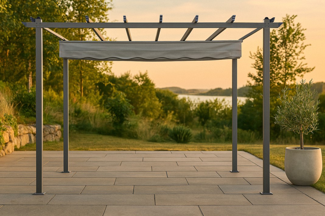Byggsats avsedd för montering till en komplett konstruktion i form av en pergola (trädgårdspaviljong) med måtten 295 x 245 x 395 (B x H x L) cm. 

Pergolan har en stomme tillverkad av aluminium och ett takskydd av polyester.

Varje stolpe är försedd med fotplatta med förborrade hål, vilket gör att pergolan kan fästas i exempelvis en altan, för en fast montering.
