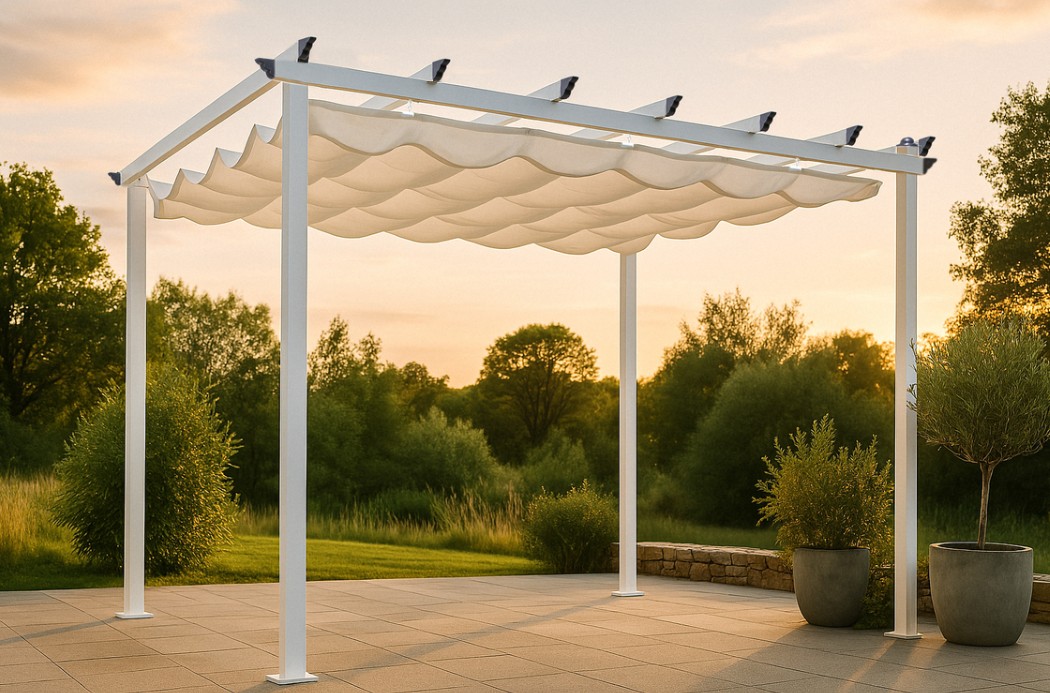 Byggsats avsedd för montering till en komplett konstruktion i form av en pergola (trädgårdspaviljong) med måtten 295 x 245 x 395 (B x H x L) cm. 

Pergolan har en stomme tillverkad av aluminium och ett takskydd av polyester.

Varje stolpe är försedd med fotplatta med förborrade hål, vilket gör att pergolan kan fästas i exempelvis en altan, för en fast montering.