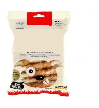 Kompletteringsfoder avsett för hund i form av tuggpinnar med kycklingkött,
tuggpinnarna föreligger i en detaljhandelsförpackning om 375 g.
Tuggpinnarna innehåller enligt uppgift råhud från nötboskap, kött från kyckling, potatisstärkelse, glycerin, salt och kaliumsorbat.