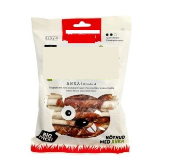 Kompletteringsfoder avsett för hund i form av tuggpinnar som föreligger i en detaljhandelsförpackning om 313 g.
Tuggpinnarna innehåller enligt uppgift råhud från nötboskap, kött från anka, potatisstärkelse, glycerin, salt och kaliumsorbat.