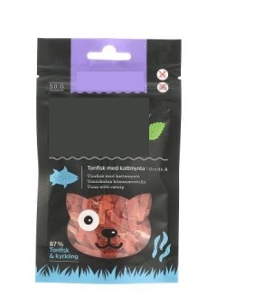 Kompletteringsfoder avsett för katt i form av bitar föreliggande i detaljhandelsförpackning om 30 g.
Varan innehåller enligt uppgift tonfisk, kött från kyckling, stärkelse, vegetabiliskt glycerin, grönsaksprotein och kattmynta.