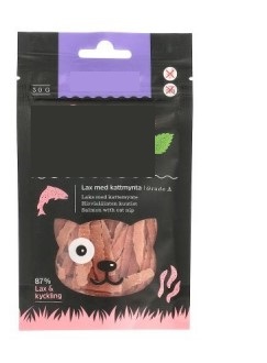 Kompletteringsfoder avsett för katt i form av bitar föreliggande i detaljhandelsförpackning om påse om 30 g.
Varan innehåller enligt uppgift lax, kött från kyckling, stärkelse, vegetabiliskt glycerin, grönsaksprotein och kattmynta.