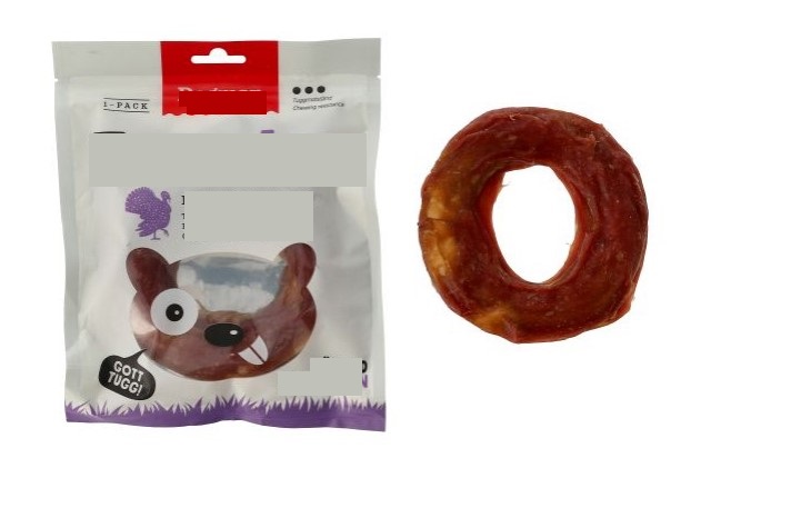 Kompletteringsfoder avsett för hund i form av en tuggring föreliggande i detaljhandelsförpackning om 160 g.
Tuggringarna innehåller enligt uppgift kött av kalkon, råhud, stärkelse, glycerin och grönsaksprotein.