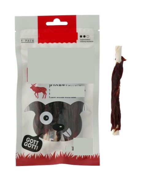 Kompletteringsfoder avsett för hund i form av tuggpinnar föreliggande i detaljhandelsförpackning (5-pack) om 60 g.
Tuggpinnarna innehåller enligt uppgift kött av hjort, råhud, stärkelse, glycerin och grönsaksprotein.