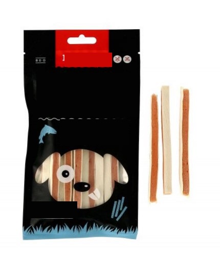Kompletteringsfoder avsett för hund i form av strips föreliggande i detaljhandelsförpackning om 80 g.
Varan innehåller enligt uppgift kött från kyckling och fisk samt stärkelse och glycerin.