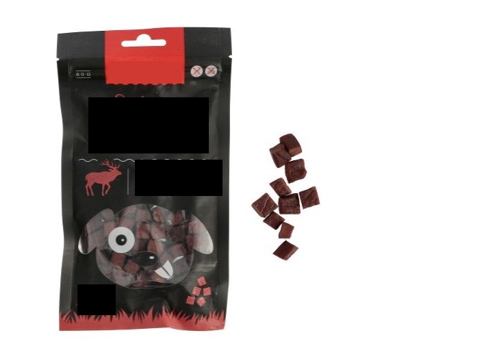 Kompletteringsfoder avsett för hund i form av små kuber föreliggande i detaljhandelsförpackning om 80 g.
Varan innehåller enligt uppgift hjort, stärkelse, glycerin och vegetabiliskt protein.