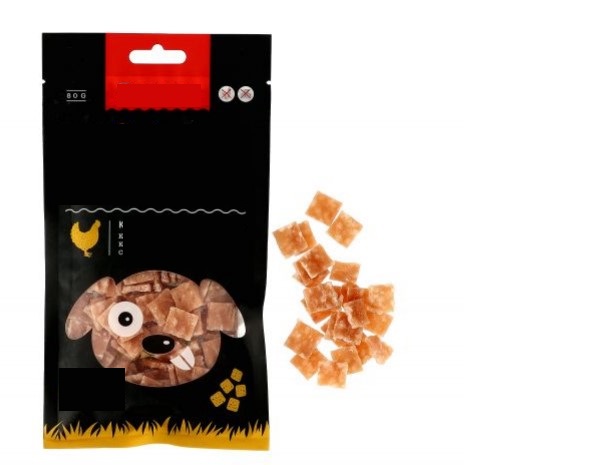 Kompletteringsfoder avsett för hund i form av bitar som föreligger i detaljhandelsförpackning om 80 g.
Varan innehåller enligt uppgift kött från kyckling, ris, grönsaksprotein och glycerin.