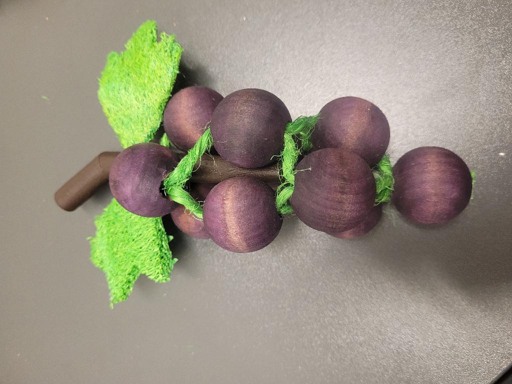 Konstgjord frukt i form av en vindruvsklase med blad. De olika delarna i druvklasen är hopbundna med ett snöre.
Varan är enligt ansökan avsedd som en gnagleksak för kaniner och gnagare.
Vindruvorna består enligt uppgift av massivt trä, vinbladen av luffasvamp och snöret som binder samman de olika delarna av sisal.
Produkten är fastsatt på en pappryttare av kartong för försäljning i detaljhandeln vilken klassificeras tillsammans med varan.