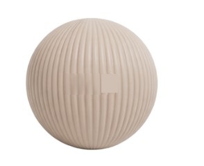Massageboll, enligt uppgift en beige boll med ribbad utsida. Bollen är avsedd att användas för självmassage genom tryck på muskelknutor. Artikeln är tillverkad av silikon och har en diameter om 6 cm.