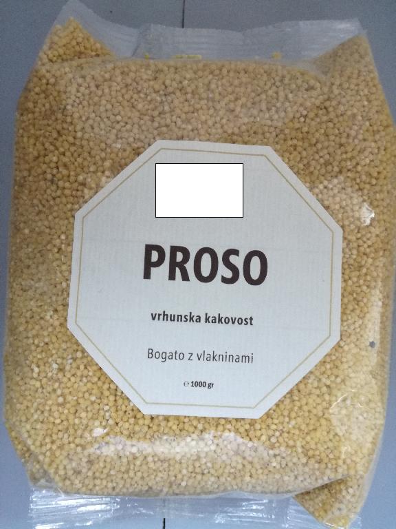 Oluščeno proso (Panicum miliaceum), v obliki drobnih, okroglih zrn rumene barve.
Uporablja se za prehrano.
Pakiran je v vrečke po 1000 g.