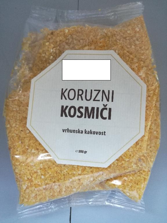 Koruzni kosmiči, dobljeni z vročim stiskanjem celih, očiščenih koruznih zrn.
Uporablja se za prehrano.
Pakirano v vrečke po 300 g.