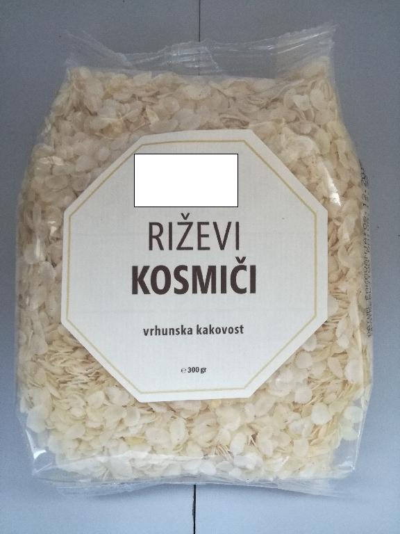 Riževi kosmiči, dobljeni z vročim stiskanjem celih, očiščenih, riževih zrn.
Uporablja se za prehrano.
Pakirano v vrečke po 300 g.