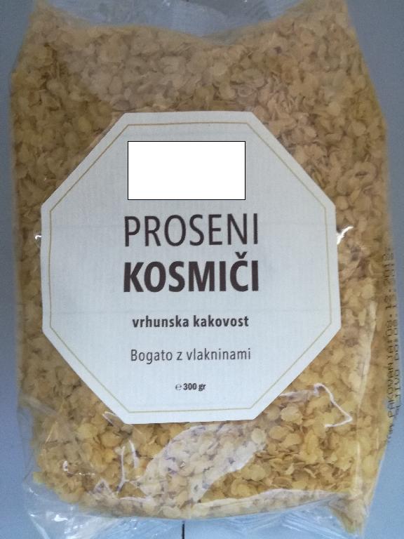 Proseni kosmiči,  dobljeni z vročim stiskanjem celih, očiščenih, prosenih zrn.
Uporablja se za prehrano.
Pakirano v vrečke po 300 g.