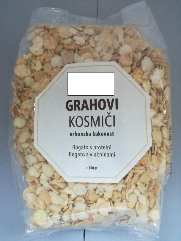 Grahovi kosmiči, dobljeni z vročim stiskanjem celih, očiščenih, grahovih zrn.
Uporablja se za prehrano.
Pakirano v vrečke po 300 g.