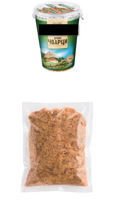 Ocvirki, primerni za človeško prehrano.
Osnovne sestavine so svinjsko meso, svinjsko mastno tkivo in kuhinjska sol.
Pakirani so v plastično embalažo po 150 g.