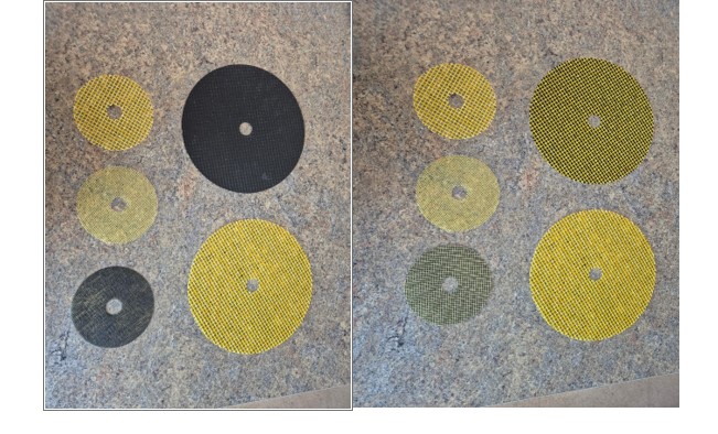 Steklena tkanina, v obliki mreže z velikostjo odprtin 3,5 x 3 mm, mehansko vezana v sukljanka tkanju,  impregnirana s fenol formaldehidno smolo, prožna, okrogle oblike (v obliki diska), zunanjega premera 346 mm, z luknjo v sredini, premera 27 mm.
Na steklene diske je lahko prilepljen črni papir ali netkani material, med njimi se lahko nahaja povoščen papir, ki preprečuje zlepljanje v embalaži.
Bistveno značilnost izdelka predstavlja steklena tkanina.
Uporabljajo se v brusni industriji za armiranje brusnih teles.