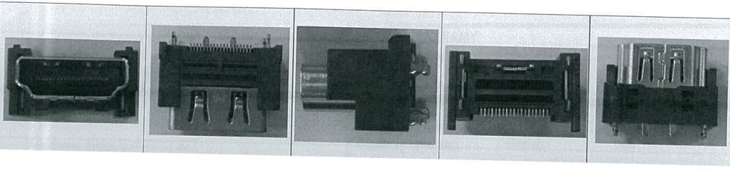 Konektor HDMI do LCD/LED TV - Jedná sa o zásuvku, päticu o rozmeroch (18,1 x 10,65 x 14,8 mm), ktorá slúži na vytvorenie elektrického obvodu medzi vodivými cestami dosky plošného spoja (TV) a elektrickými vodičmi na napätie do 1000 V. Prepojenie vodičov a zásuvky (pätice) je opakovateľne rozoberateľné bez použitia nástrojov. Použitá je pri výrobe výrobkov zatriedených do položky 8528 a zostáva natrvalo zabudovaná v hotovom výrobku (televíznom prijímači). Konektor je zabudovaný v kovovom plášti, obsahuje 19 vývodov v dvoch radoch.