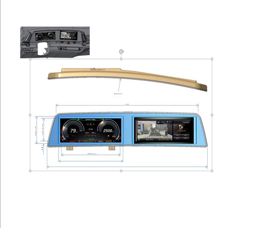 Prístrojový panel s integrovanými LCD displejmi - komplexné elektronické zariadenie zložené z dvoch na sebe nezávislých zariadení o rozmere 12,3 palca (= 31,25 cm), obe vsadené do jedného plastového krytu o rozmeroch 800 mm x 122 mm (RR CASE+FR PNL).
1. Zariadenie zobrazujúce základné veličiny o vozidle vodiča (rýchlosť, otáčky motora, teplotu motora, stav paliva a rôzne iné ukazovatele stavu iných periférnych zariadení vozidla-rozsvietenie svetla, hmlovky, rozopnuté pásy, bezpečnostné varovanie, atď.,...). Zariadenie obsahuje LCD TFT displej, reproduktor, aktívne a pasívne elektronické súčiastky, mikroprocesor, procesor, pamäť (DDR, eMMC), 40 PIN konektor, podsvietenie displeja, kovový kryt, drobné príslušenstvo (skrutky...). Zariadenie komunikuje prostredníctvom zbernice CAN. Zariadenie nie je schopné prehrávať videosignál.
2. Zariadenie – LCD DISPLEJ - plní zobrazovaciu funkciu pre AUTONAVIGÁCIU, rádio a informačný displej. Ide iba o zobrazovaciu časť, samotná riadiaca jednotka a tlačidlá nie sú súčasťou tohto zariadenia.