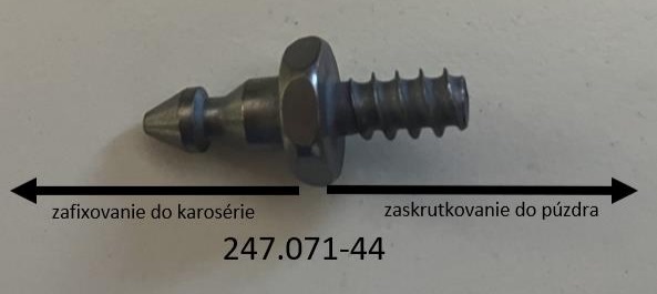 Montážny kolík, ktorý sa používa pri montáži zadných svetiel automobilu a to nasledovným spôsobom: spodná časť upínacieho kolíku je upevnená závitom do základne (puzdra) zadného svetla a podstatná časť - kotviaci kolík vyčnievajúci zo základne - slúži na uchytenie svetla na karosériu automobilu. Spojovacie kolíky slúžia na pripojenie svetla k automobilu, tak ako bolo navrhnuté zákazníkom. Ide o výrobok tvorený jednou závitovou časťou a druhou časťou, ktorá je vybavené kónickým kolíkom.