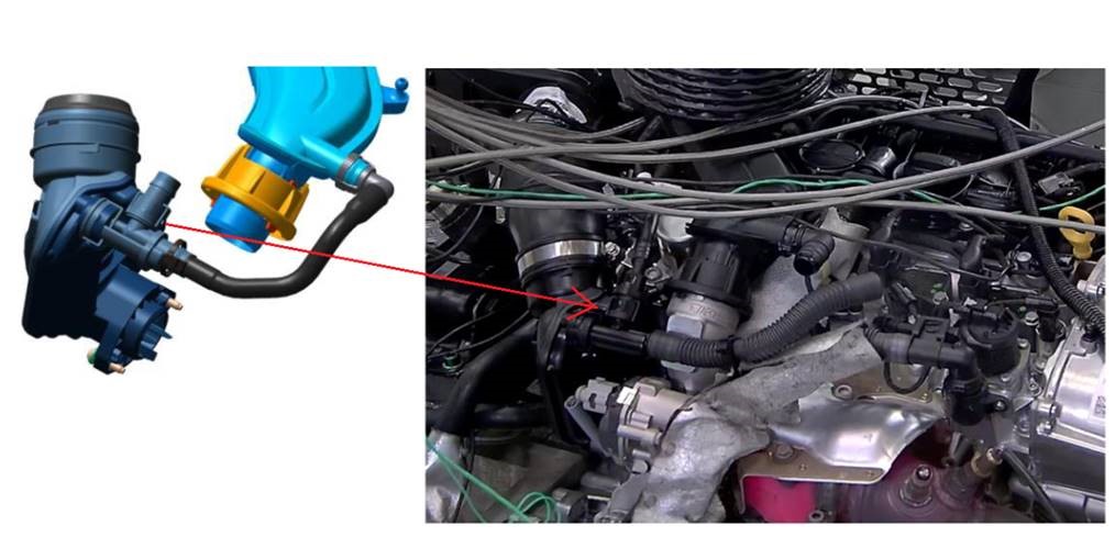 Monodiel sania vzduchu pre zážihové motory osobných automobilov - vyrobené z modifikovaného polyamidu PA6-GF30 a technickej gumy FkM. Ide o časť motora.