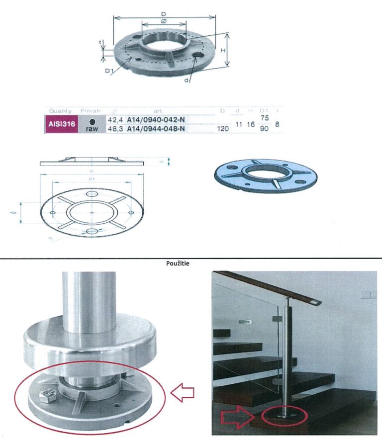 Vrchné kotvenie stĺpika zábradlia v tvare príruby. Je oválneho tvaru s veľkým okrúhlym otvorom v strede (priemer od 42,4 do 48,3 mm) a štyrmi okrúhlymi otvormi na bokoch z toho 2 otvory majú priemer cca 5 mm a 2 otvory priemer 11 mm. Výrobky sa používajú na ukotvenie stĺpikov zábradlia k podkladu. Výrobok je vhodný výlučne na použitie v konštrukciách zo železa, je nepoužiteľný ako potrubná príruba na prenos plynov alebo kvapalín. Vyrába sa z nerezovej ocele AISI 316.