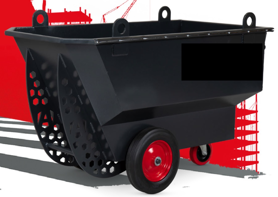 A hand-propelled cart designed for the purpose of carrying and transporting goods and/or waste. It is mounted on 2 wheels fitted with puncture-proof tyres at the front and one swivelling castor at the rear which has a braking mechanism. A handle is also fitted to enable the user to manoeuvre the unit as required. At the front of the unit are two curved edges that allow the unit to be tipped forward to allow its contents to be dumped out. Also fitted are four crane eyes that allow chains to be attached so the unit can be lifted by crane. Weight is 88.5kg, colour is black and grey. Material of construction is steel of thickness ranging from 2-10 mm. Width is 755mm, length is 1465mm, height is 945mm, capacity is 400 litres.
