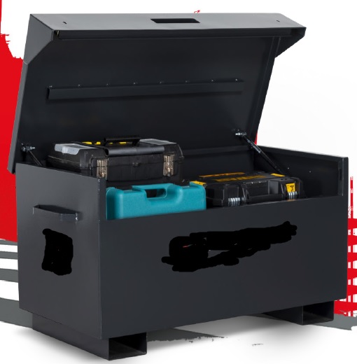 A storage box made from steel, intended use is for storing tools and equipment.
It is fitted with a hinged lid with gas struts to keep it raised. Handles are fitted to both sides of the box as well as a recessed handle on the lid which also has 2 5 lever locks to prevent unwanted access. It also has provisions to allow it to be bolted to the inside of vehicles. Colour is black and grey. Weight as empty is 60Kg. Dimensions are 1210mm width x 645mm height x 625mm depth.