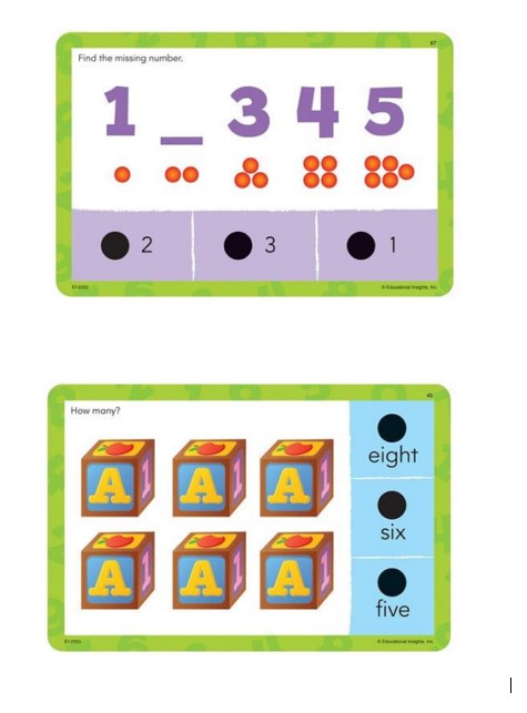 This is a set of 36 colourfully illustrated cards that provides 72 early learning activities in a storage carry case.  The product includes number words and sequencing.
Number words and sequencing, whereby the user of this product touches the interactive pen to a dot and the talking dots pen responds instantly with a green light and positive sounds.  Incorrect answers receive a red light and a gentle wrong sound or phrase.  The pen is not included in this product.
Product made from card, with retail cardboard packaging.