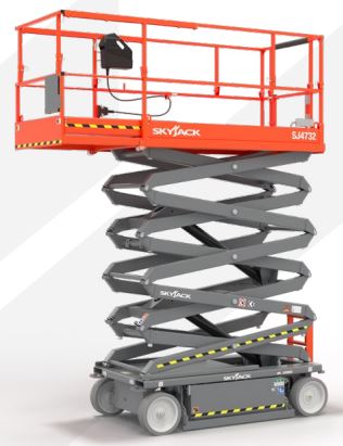 A Scissor Lift (MEWP)
A vehicle equipped with a hydraulic elevating work platform
7.92m raised platform height, 
9.92m working height, 
CE Specification 24V DC, 
universal charger, solid, 
on-marking grey tyres, 
1.22m roll out extension deck , 
pothole protection 
SKYCODED integral control and load sensing system, 
GVW 2135kg, 
Platform capacity of 454kg