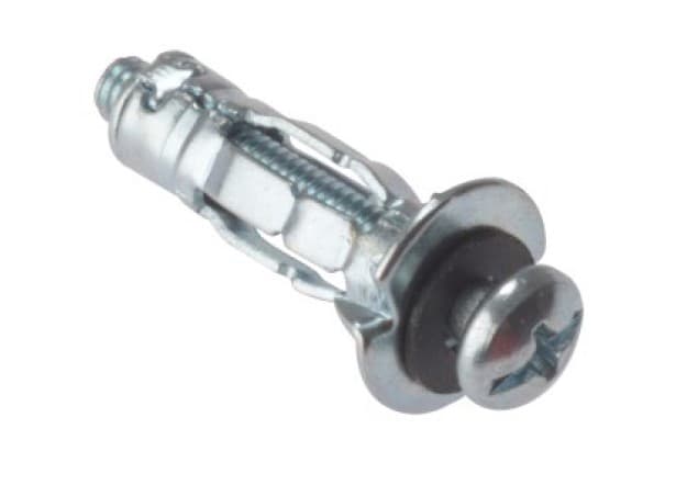 Metal Cavity Anchor Size M4X45mm. Supplied with universal cross pan head screws.

Diameter M4. Length 45mm. 10 per bag.
Heavy duty fixing of radiators and wall units. For use in most types of hollow walls, fibreboard, plasterboard and partitions.
Steel, Zinc Plated.