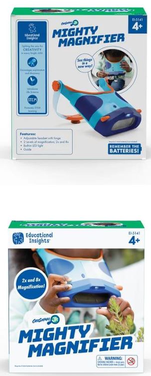 Wearable magnified explorer glasses

 perfect for scientific observation of nature; a key element of STEM based learning Easily flip between 2x and 8x magnification to get a closer look at nature
  
The soft double eyecup supports the magnifier comfortably for easy viewing 

Built in LED light ensures a clear view and night-time exploration Magnifier.
The adjustable, hinged headset makes the magnified explorer glasses   hands-free, allowing  to take control of how you see the world
Made from Plastic
measures 7cm H x 14cm W x 17.5cm L (not including strap) 

requires 2 AAA batteries (not included) 

Multilingual packaging and instructions 

For children

Retail cardboard packaging