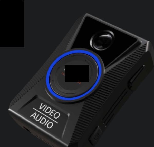 A portable body-worn camera
A digital camera worn by security personnel for recording/gathering evidence. Footage is uploaded to a cloud platform for storage.
Black rectangular rubber coating. Lens on the front in the middle and buttons on the side.
The camera has a rubber outer coating for protection with a glass lens on the front and an LCD screen on the top. It contains electrical circuitry, processor and SSD. It has a round activation button on the front in the middle of the camera with a blue ring around it and contains a space on the rear for attaching accessories/mounting brackets.