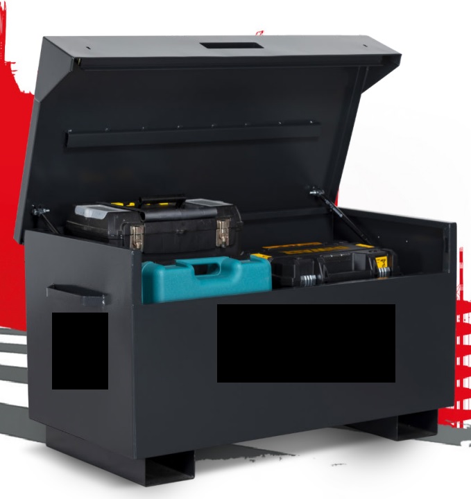 A metal box with a hinged lid measuring 625(D) x 1210(W) x 645mm(H). Weight is approximately 60KG, colour is black and grey with the company logo on the front and sides
It is designed for the purpose of securely storing tools and equipment.
Construction is of steel – 2-5mm made by rolling, bending, cutting and welding.
It features 2 5-lever locks to secure the lid closed. The lid has gas struts to hold it open. On the bottom of the box are mounting points to enable the box to be bolted to the floor of a vehicle.