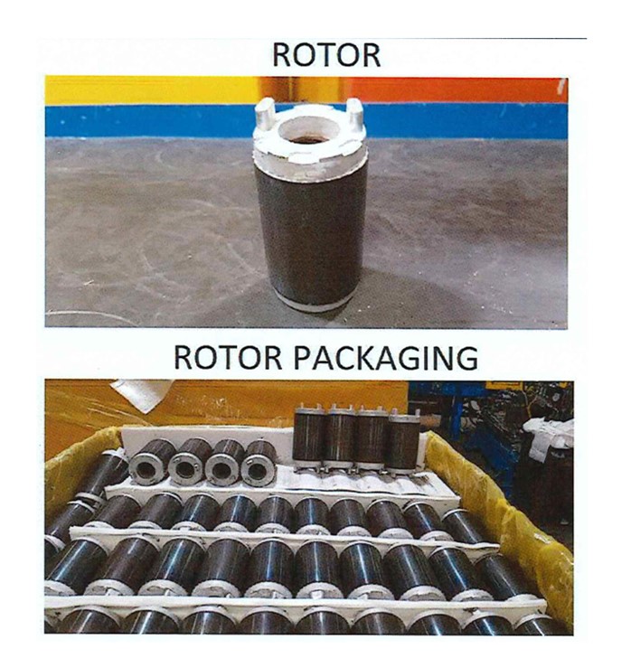 A rotor, that is tubular in shape.  The rotor is positioned inside the stator during the assembly process and the magnetic field the stator creates forces the rotor to rotate.
The rotor component is combined together with a stator component within an assembly process to form parts of an electric motor of a scroll compressor, which is the final product. This electric motor then turns electrical energy into mechanical energy forcing movement of other parts within the scroll compressor.
The rotor is made from a combination of steel, aluminium, and copper materials.  Rotor is manufactured to confidential drawing specification.
The electric motors have a power range of 2-7 HP and there are 3 types of motors, single phase, 3 phase and variable speed.